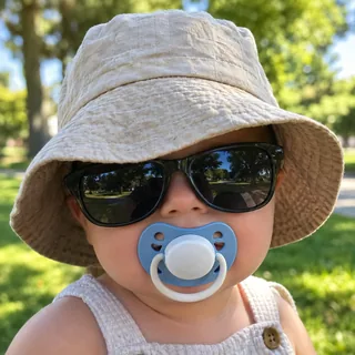 A baby in a low sun hat, large sunglasses and a pacifier in a blurred park