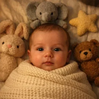 A baby lying on its back in a dim bedroom, photographed from above, blurred toys around