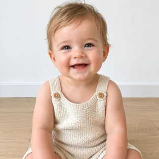 A baby sitting upright in a bright room, framed from the head to the waist, smiling at the camera