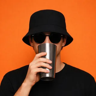 A man in dark sunglasses and a bucket hat holding a silver tumbler over his mouth