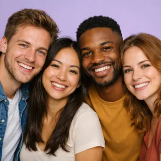 Four friends squeezed together, smiling in one photo