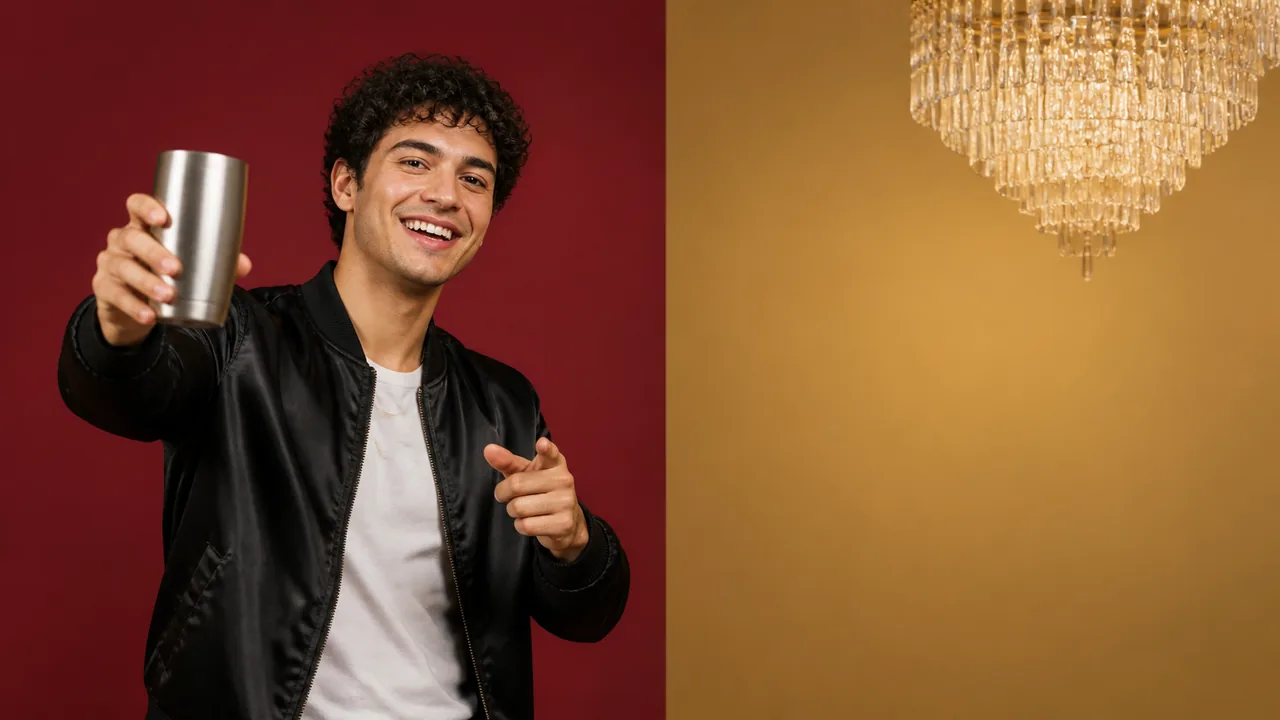 A smiling young man in a black satin jacket raises a silver tumbler toward the camera in front of burgundy and gold color blocks