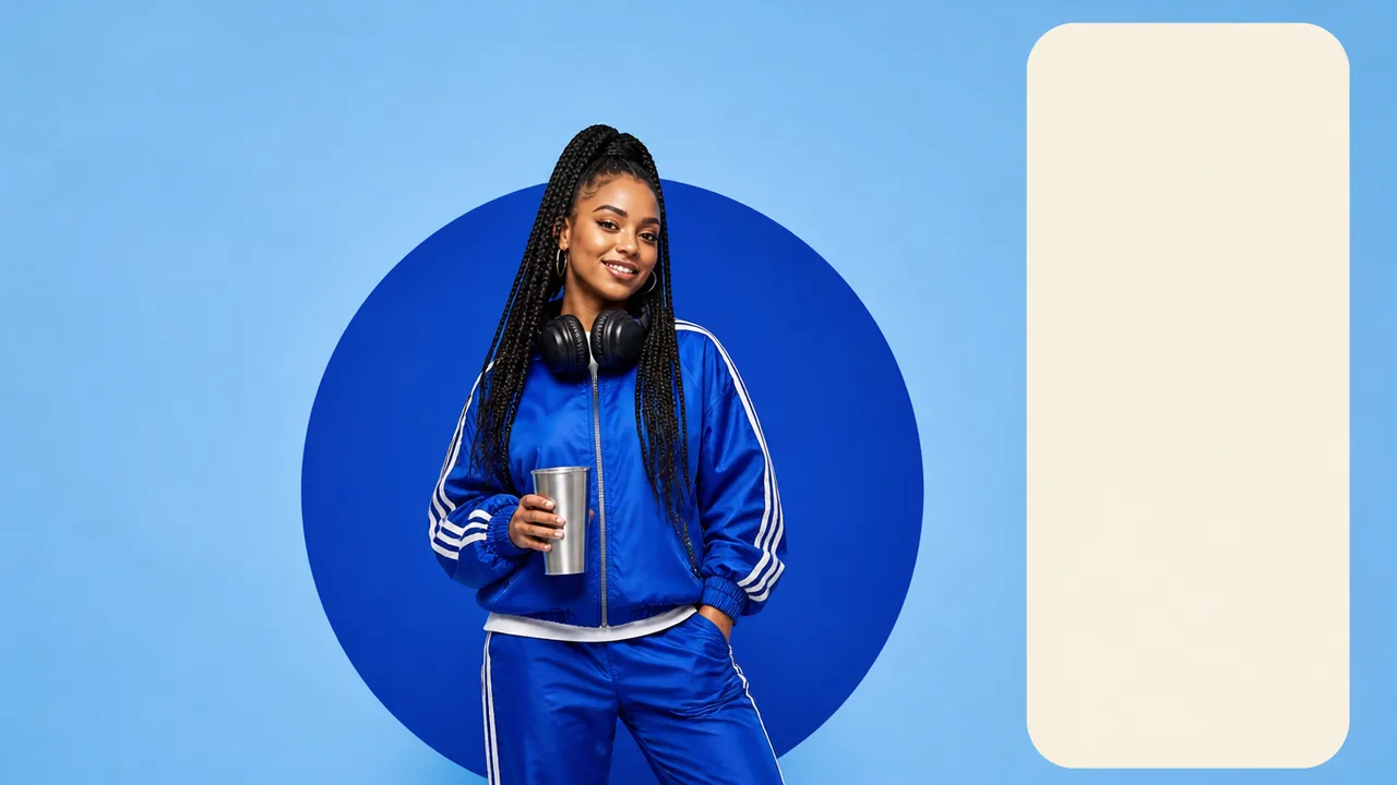 A smiling DJ in a cobalt track jacket with headphones around her neck holds a silver tumbler in front of a blue circle