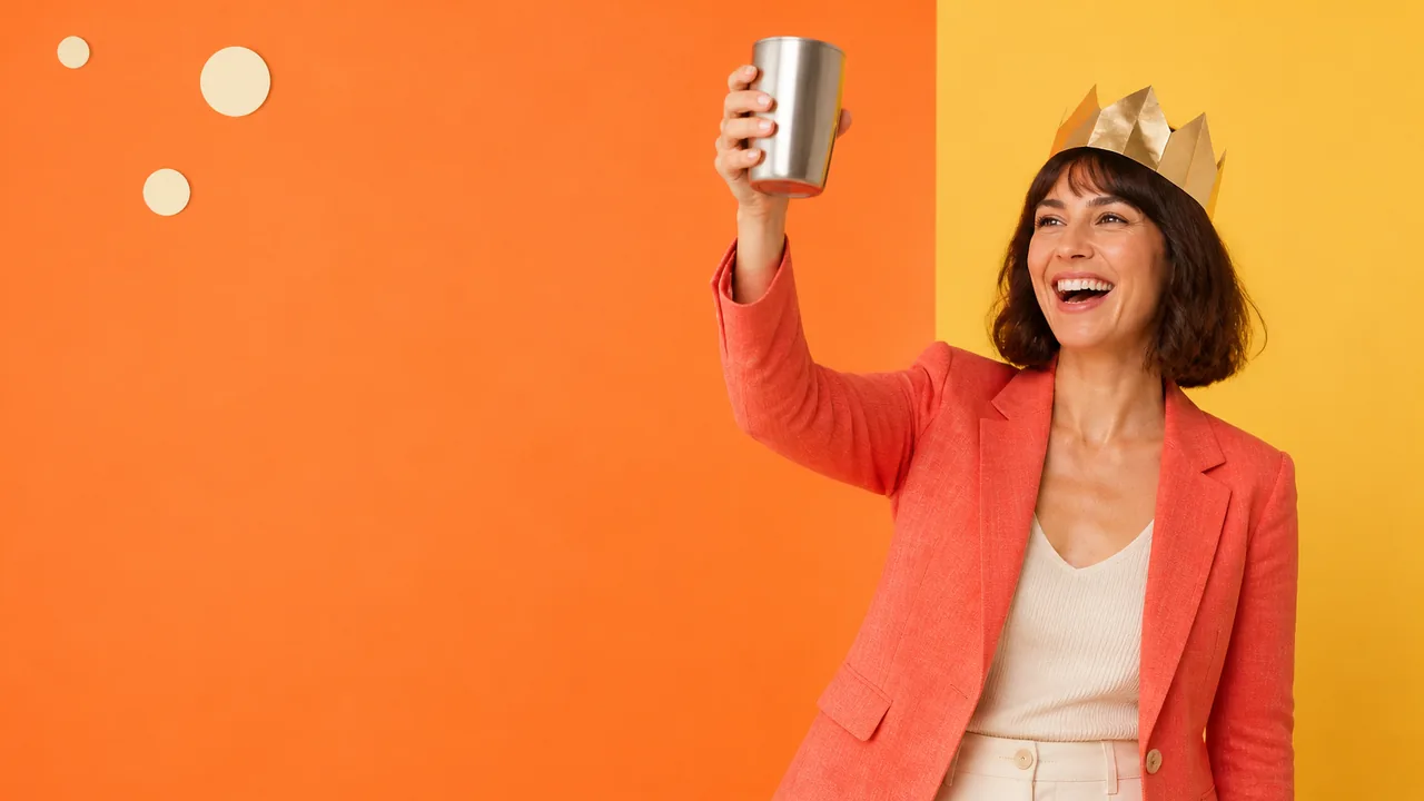 A laughing woman in a coral blazer and a gold paper crown lifts a silver tumbler against tangerine and yellow color blocks
