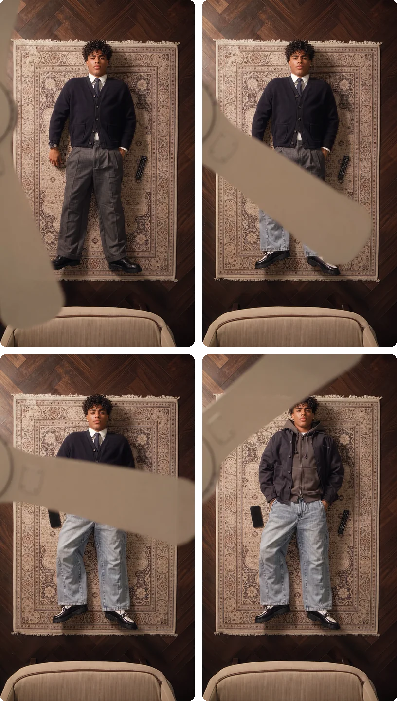 参考片中一次扇叶扫过的四帧：藏青开衫配领带和灰色西裤；扇叶从腿部往上扫，下方已露出浅色牛仔裤；上身还是开衫、腿上已是牛仔裤；最后换成连帽外套配牛仔裤