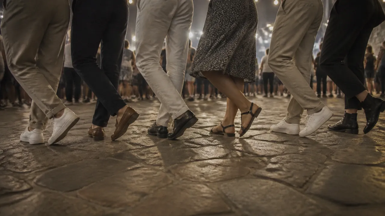 Illustration: a row of dancers seen from the knees down on old stone paving, sneakers, loafers, sandals and boots all crossing into the same step.