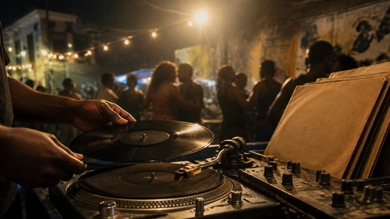 Illustration: a DJ's hands lower a vinyl record onto a turntable at an open-air party, dancers blurred under string lights behind.