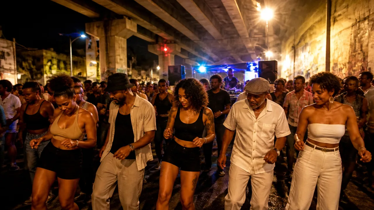 Illustration: a baile charme at night under a concrete viaduct, a row of dancers doing the same side step in warm floodlight.