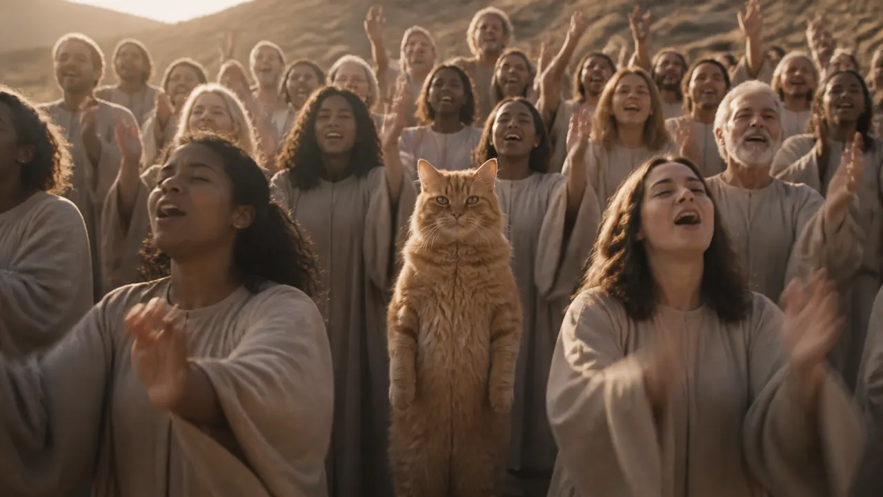 An orange tabby cat stands upright and unimpressed at the center of a singing hillside choir