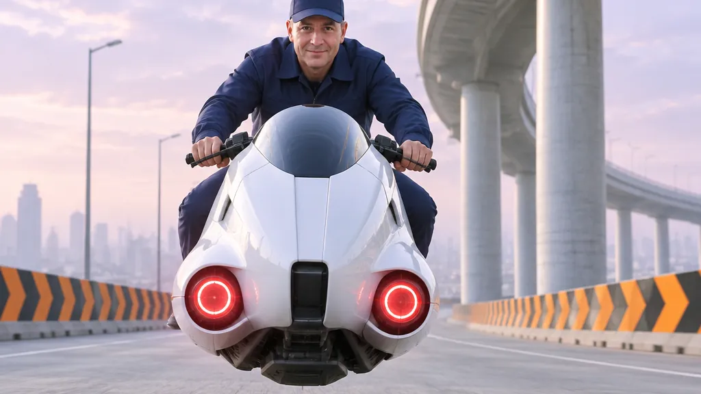 A police officer with an ordinary face, in a plain cap and uniform, rides a white hover-bike with two round red lights along a concrete highway