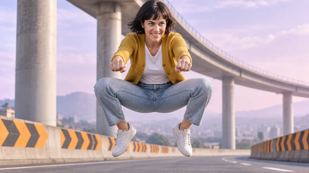 A woman in a mustard cardigan and jeans crouches mid-air above a pale concrete highway, fists out as if gripping invisible handlebars