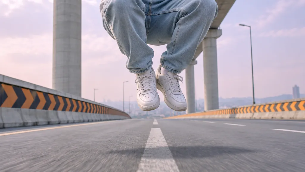 Road-level view of white sneakers hovering above the lane line of a concrete highway with nothing underneath, only a shadow on the asphalt