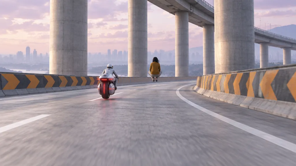 Wide view of an elevated concrete highway curving between tall round pillars under a lilac sky, a small figure ahead and a hover-bike with red lights behind