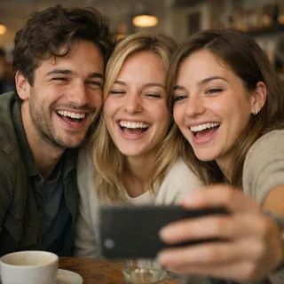 Group selfie of three friends squeezed together at a cafe table