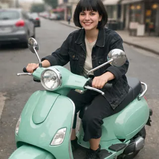 Snapshot of a woman sitting on a parked mint-green scooter on a blurred city street