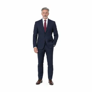 Full-length photo of a gray-haired man in a navy suit and burgundy tie on a plain white background