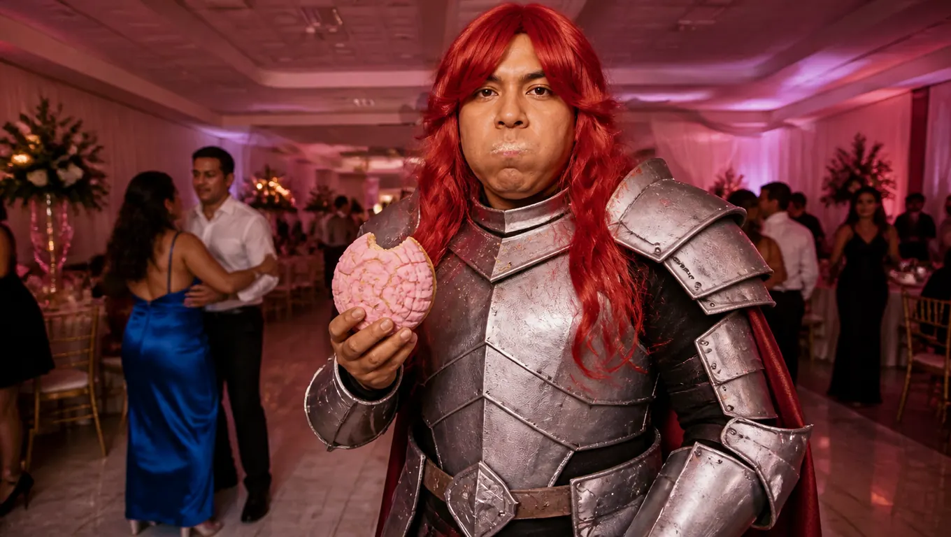 A guest in silver armor and a long red wig chews deadpan, holding a bitten concha on the dance floor