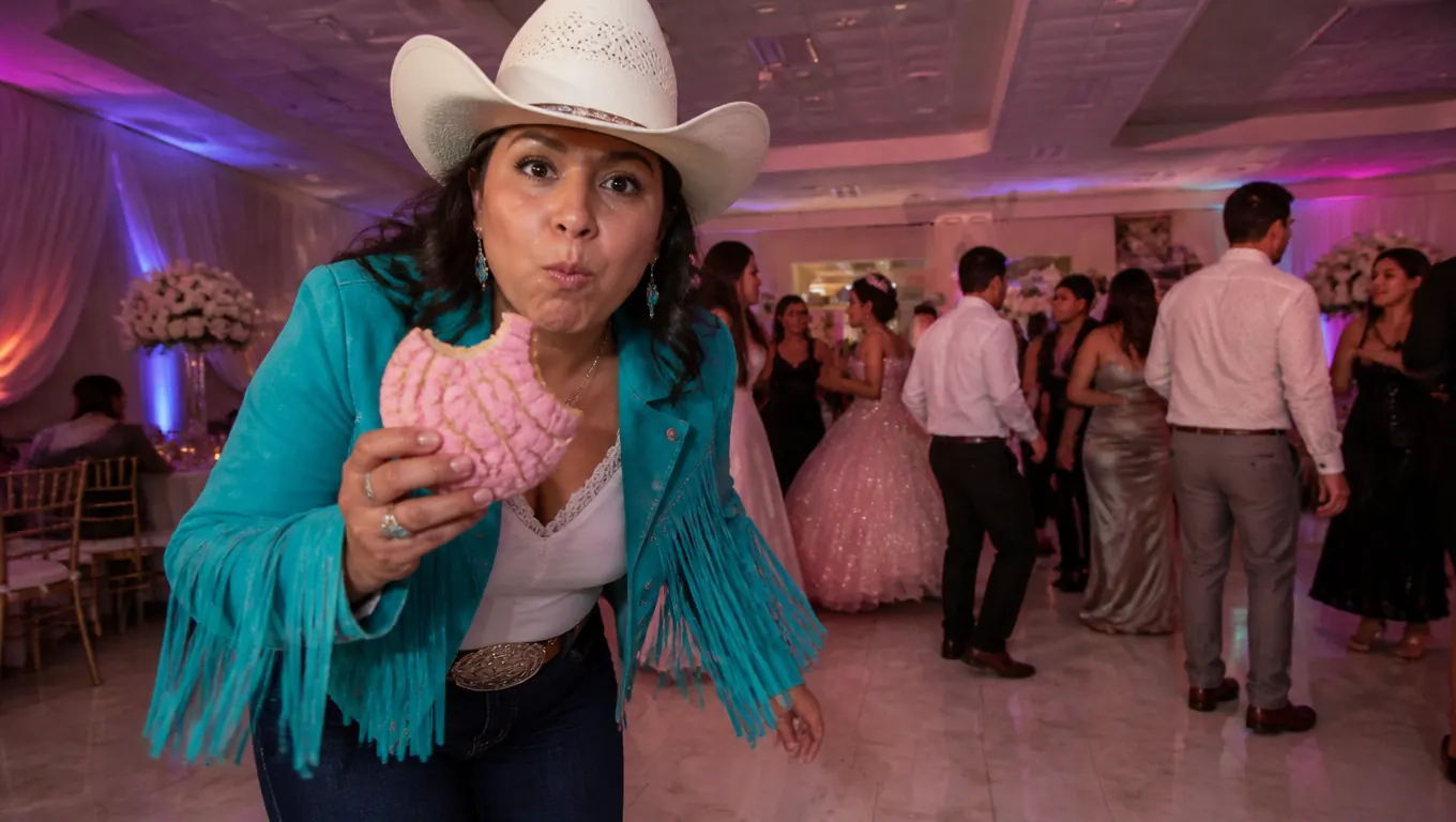 A woman in a white cowboy hat and turquoise fringed jacket stares into the lens with a bitten concha