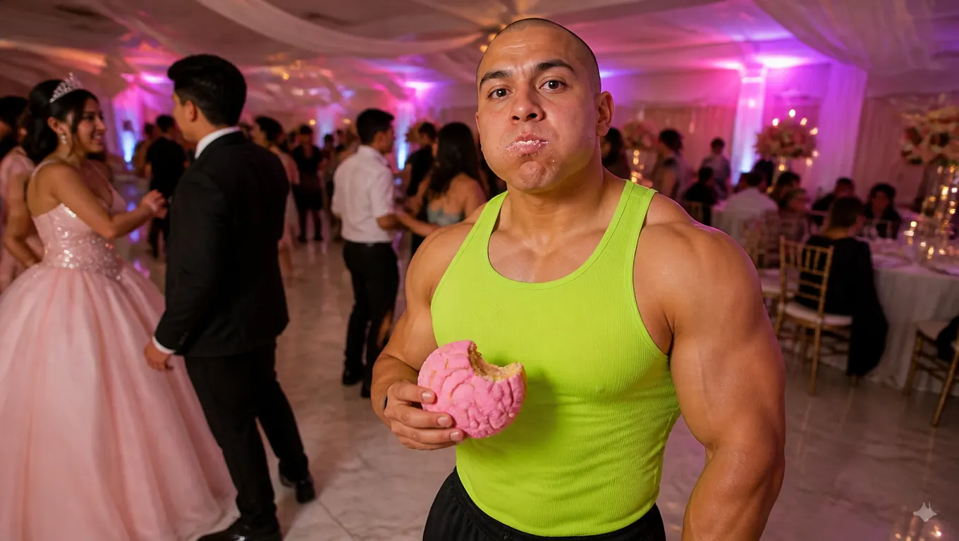 A muscular man in a lime-green tank top chews with full cheeks, holding a bitten concha among guests in gowns
