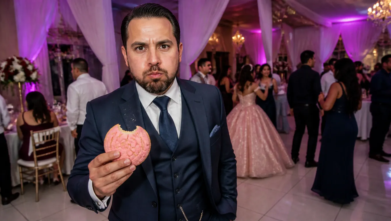 A man in a navy three-piece suit holds a bitten pink concha and stares into the lens at a quinceañera