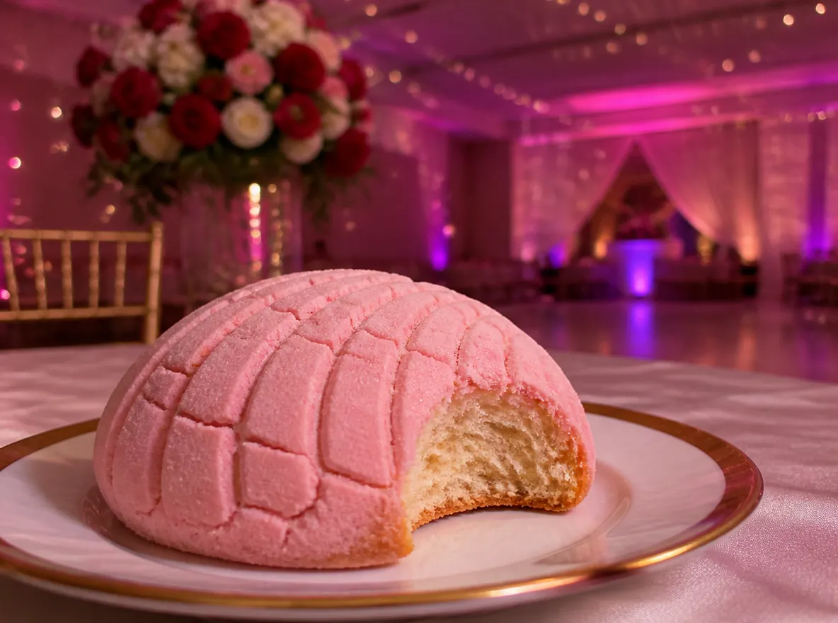 A pink concha with one bite taken out, on a gold-rimmed plate at a quinceañera table under purple party lights