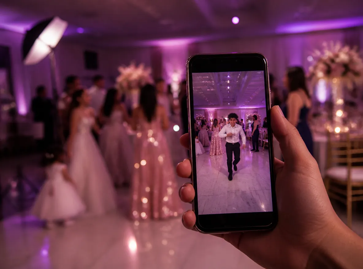 A hand holds a phone upright, filming a guest dancing toward the camera on a purple-lit quinceañera dance floor
