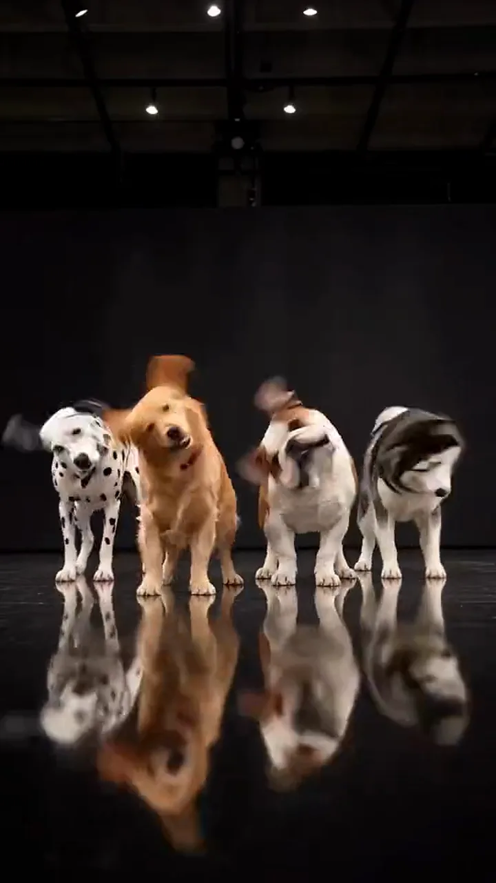 All four dogs in the row moving together, their reflections moving with them