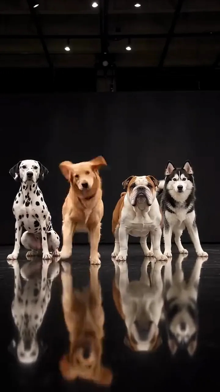 One dog in the line-up turns its head while the others stand still
