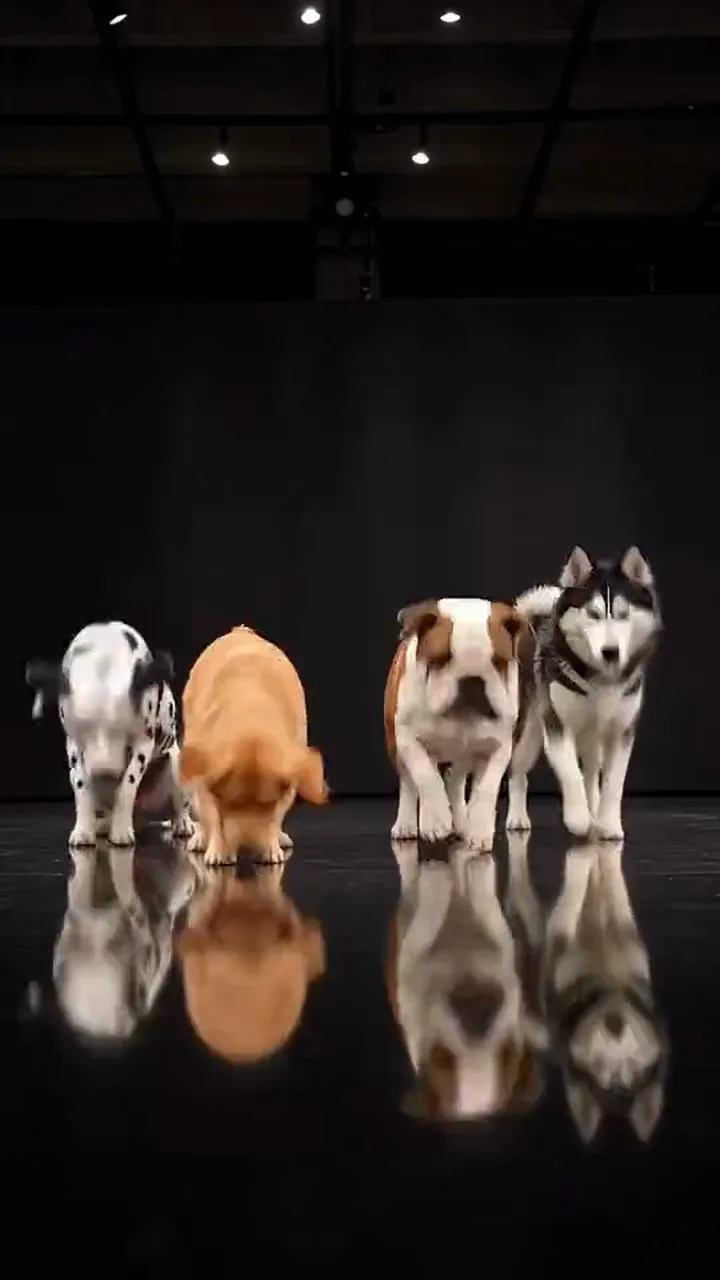 Four dogs in a row on a black stage, reflections spreading under their paws