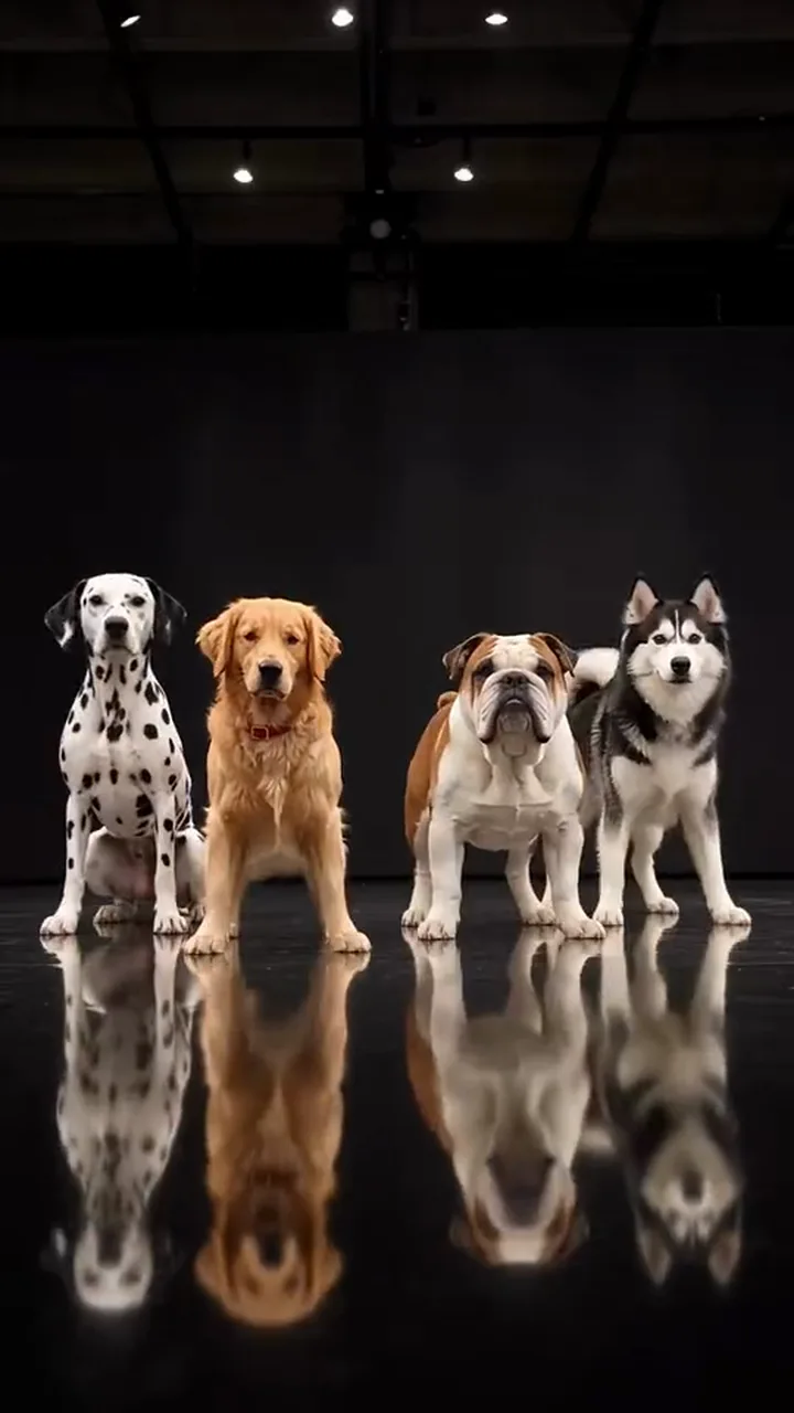 Four dogs standing shoulder to shoulder on a black stage, their reflections under them
