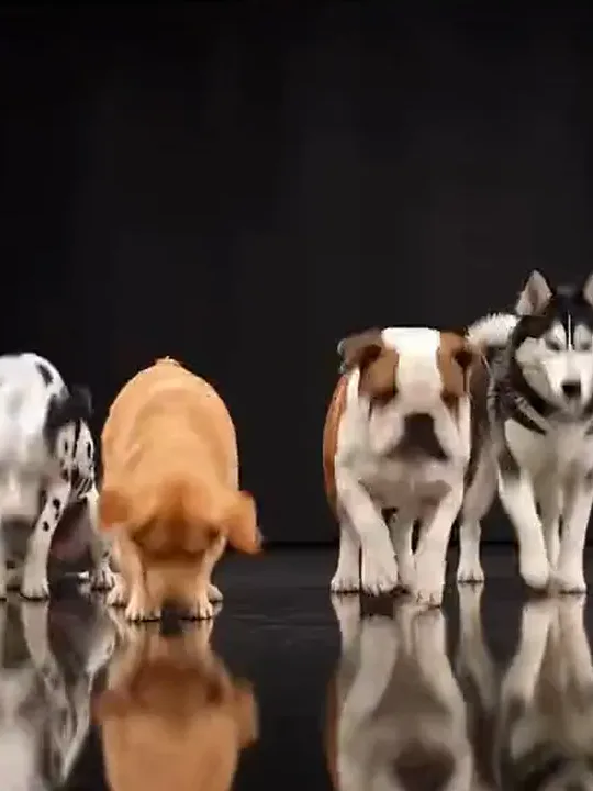 The second dog in the line-up, standing on the black stage