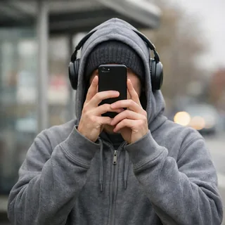 A person in a hood and over-ear headphones holds a phone in front of the face at a blurred bus stop