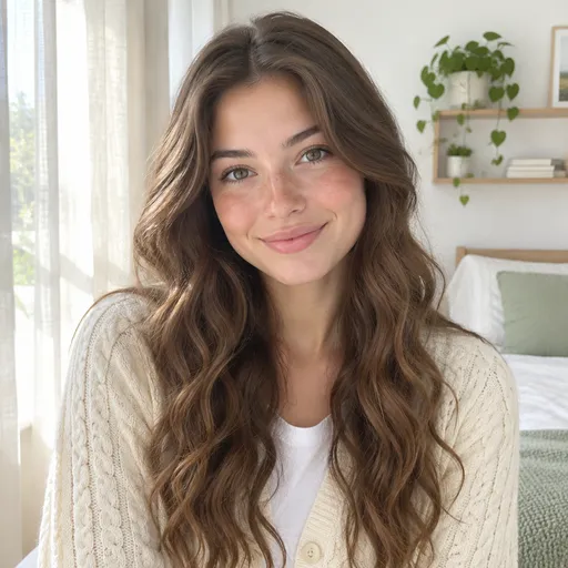 A woman with long wavy brown hair in a cream cardigan smiles in a sunny bedroom