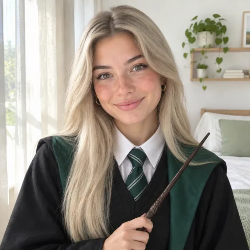 The same woman in the same bedroom with long platinum-blonde hair, a black robe lined in green, a striped tie and a wand
