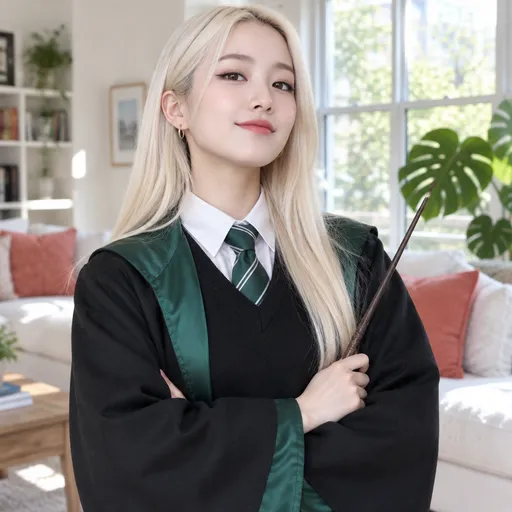 Another woman with platinum-blonde hair in the same robe and tie crosses her arms with a wand in the same living room