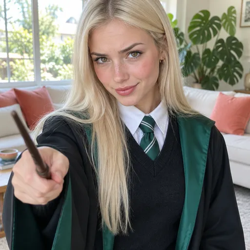 A woman with platinum-blonde hair and a black robe points a wand at the camera in a sunny living room
