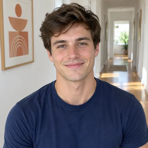 A man with short tousled brown hair in a navy t-shirt grins in a bright hallway