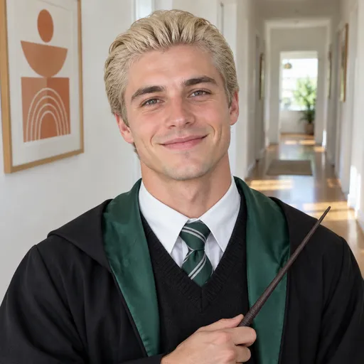 The same man in the same hallway with platinum hair slicked back, a white shirt, a striped tie, a black robe and a wand