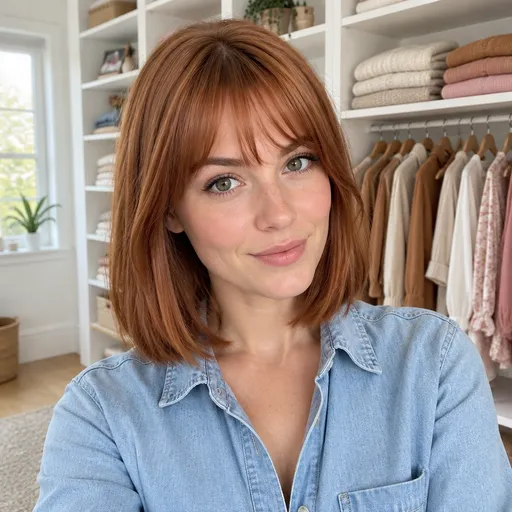A woman with a copper bob and bangs in a denim shirt stands in a bright wardrobe corner