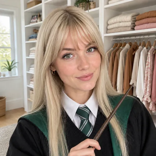 The same woman in the wardrobe corner with long platinum-blonde hair, a white shirt, a striped tie and a black robe, holding a wand