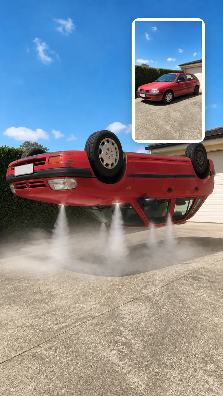 Inset: a faded red hatchback parked on a sunny driveway. Main picture: the same hatchback upside down in mid-air above the driveway, white vapor jets and mist beneath it