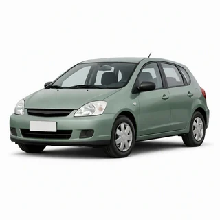 A sage-green hatchback on a white background, seen from the front three-quarter