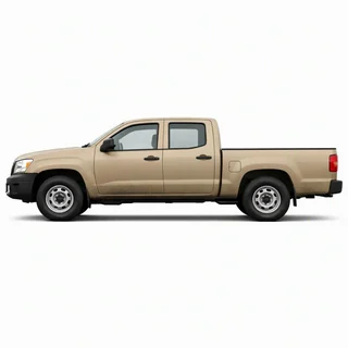 A beige pickup in full side view on a white background, both bumpers and all wheels in frame