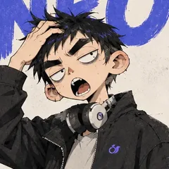 黑色刺猬头、一手抓着头发、脖子上挂着耳机的动漫男孩