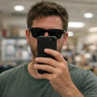 A man in sunglasses holding a phone in front of his face as if taking a mirror selfie