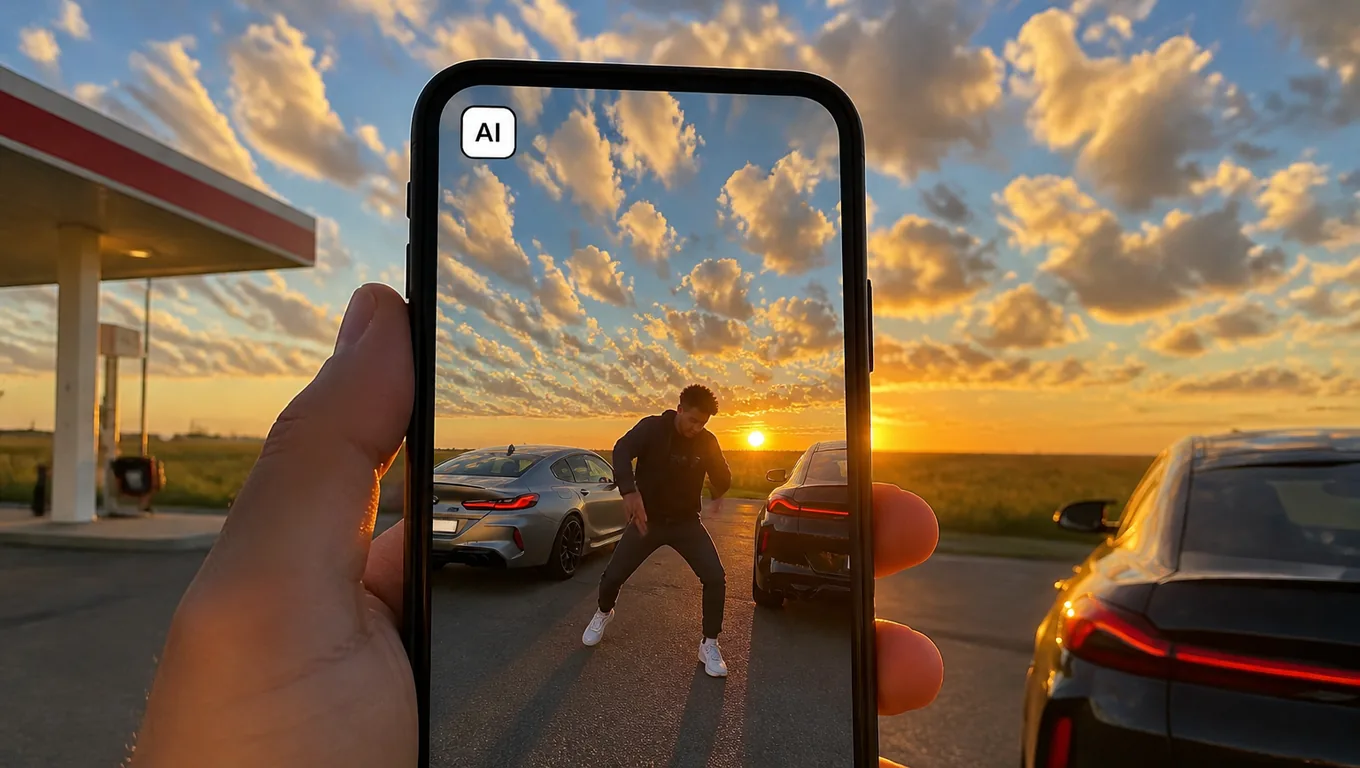 A hand holds up a phone at a sunset gas station, the screen showing a man dancing with a small AI tag in the corner