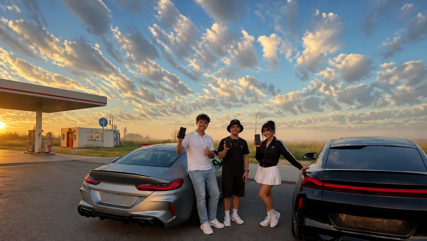 Three friends by a grey coupe at a gas station at sunset, each holding up a phone, one giving a thumbs-up