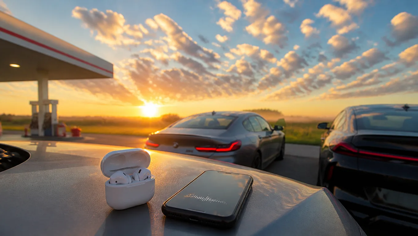 White earbuds and a phone showing a sound wave on the hood of a grey car at a sunset gas station