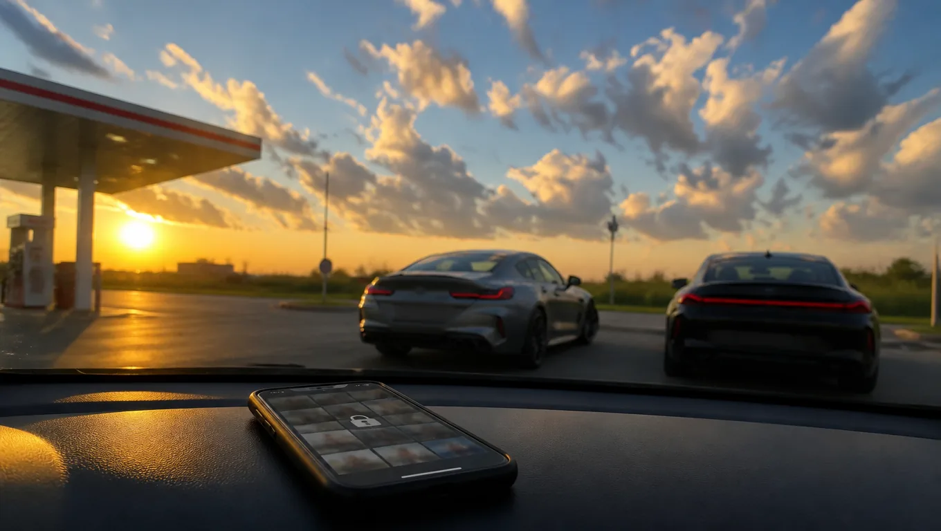 A phone on a car dashboard showing a grid of video thumbnails with a padlock icon, a gas station at sunset beyond the windshield