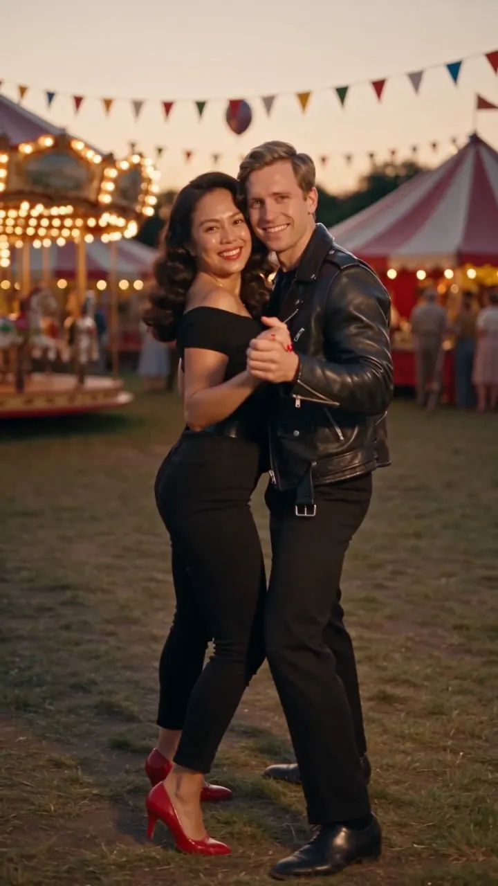 The couple cheek to cheek, smiling into the camera with hands clasped in front of the carousel lights